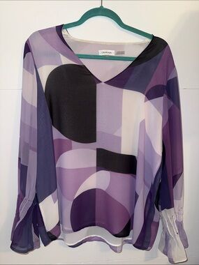 Calvin Klein Purple & Black sheer lined Geometric V-Neck Blouse large